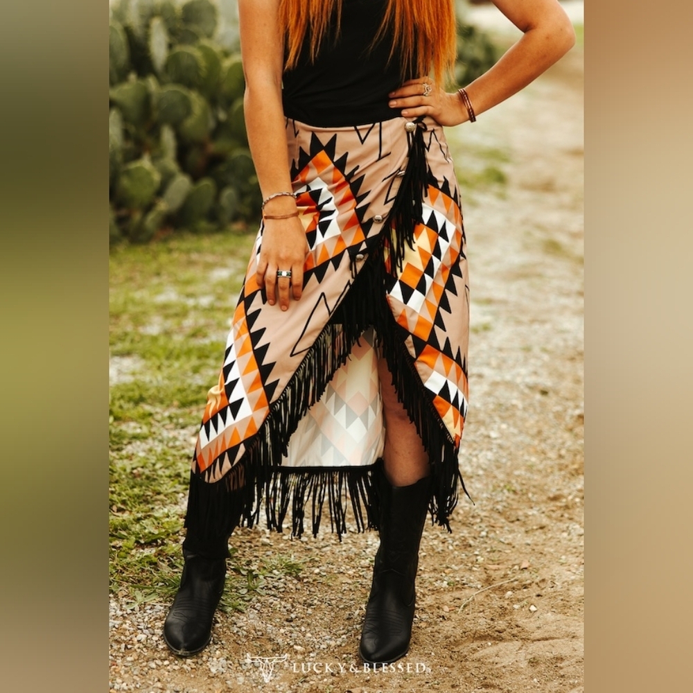 NWT Orange, Black, And Khaki Aztec Asymmetrical Concho Button Wrap Fringe Skirt